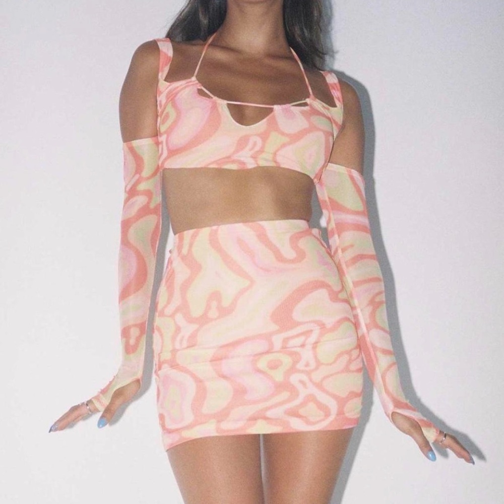 Princess Polly pink and orange swirl two piece skirt set